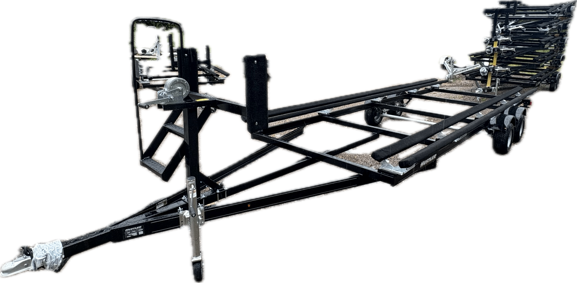 Custom black tandem-axle bunk boat trailer built by Lovell Trailer & Marine